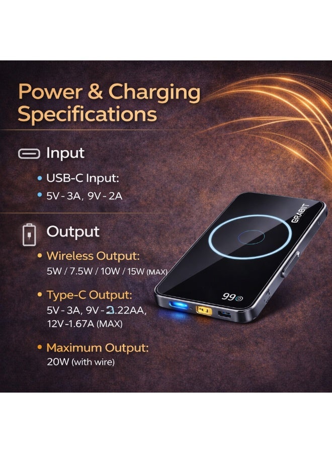 GRABIT GMAG-50 5000mAh Magnetic Power Bank (Black) with Digital Display, Type-C Fast Charging, Aluminium Alloy + Glass Body - Image 3